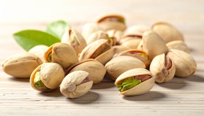 Cluster of pistachio nuts in shells on light wood surface, some slightly open revealing green nut inside.