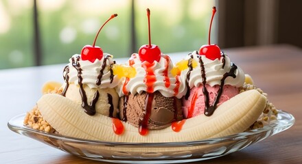 Decadent banana split dessert featuring three scoops of ice cream topped with whipped cream chocolate sauce and bright red maraschino cherries