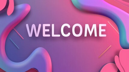 Colorful abstract background with the word 'WELCOME' in bold letters. The design features fluid shapes in pink, purple, and blue tones.