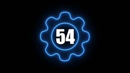 Glowing blue gear with number 54 neon light effect on black background technology and innovation concept