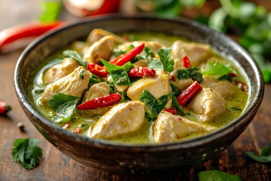 Thai green curry chicken with coconut milk, vibrant in color
