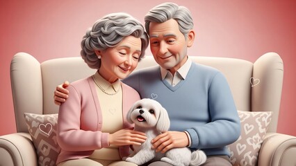 A heartwarming senior couple shares a tender moment with their beloved pet on Valentine's Day