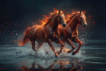 Fire Horse zodiac symbol illustrated as powerful horses with flames and water splashes. Decorative artwork for wall art, poster, print and interior design categories.