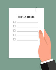 Businessman hand holding empty Blank Paper. Vector illustration in flat design on green background