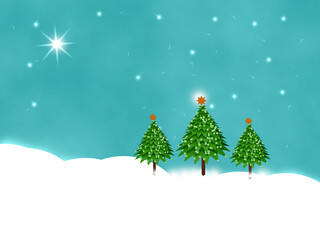  Green Christmas trees in snow storm blue sky