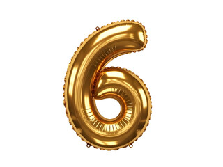 Golden Foil Balloon Number 6. Realistic 3D Isolated Six on Transparent Background