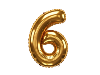 Golden Foil Balloon Number 6. Realistic 3D Isolated Six on Transparent Background