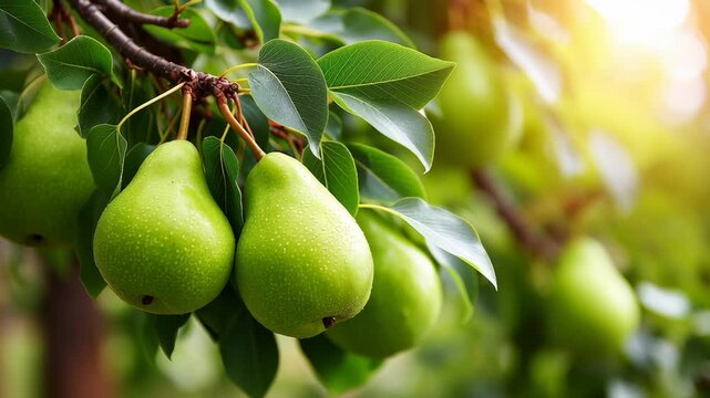 Lush green pears dangle from a sturdy branch, basking in warm sunlight. Surrounding leaves sway gently in a soft breeze, creating a peaceful, natural scene in a flourishing orchard