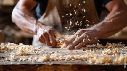 A skilled carpenter works on a wooden piece, using a hand tool. Wood shavings scatter across the workbench, showcasing craftsmanship and woodworking techniques.