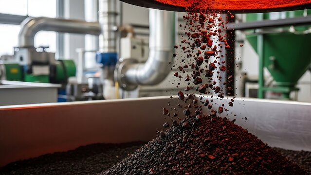 Medium Shot of Organic Waste Being Converted to Biochar in Eco-Friendly Pyrolysis Setup.