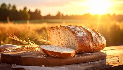 Fresh baked bread loaf sliced open on wooden board with wheat ears, golden sunset field and trees background, rustic farm scene
