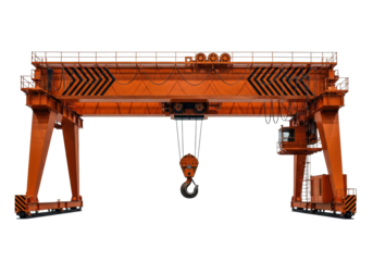 Massive safety orange factory bridge crane with black hazard stripes, detailed clevis hook, low angle view, dramatic studio light on a transparent cyclorama, concept of industrial precision and
