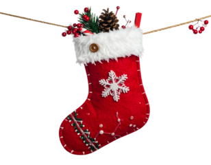 Festive red Christmas stocking with snowflake hangs on string