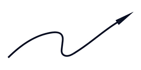 Hand drawn crayon movement black arrow. Grunge squiggly arrow. Pencil chalk lines sketch. Color brush scribble element. Doodle vector illustration.