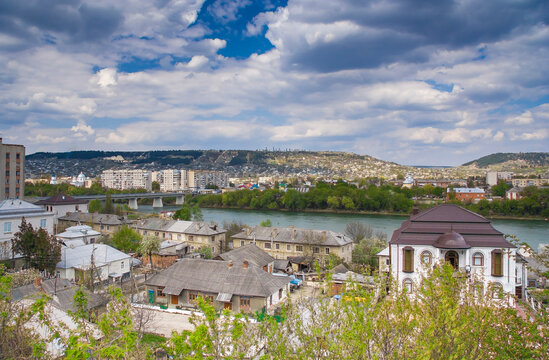 The towns Otach and Mohyliv-Podilskyi and the border river Dniestr bird-eye panorama. Moldova