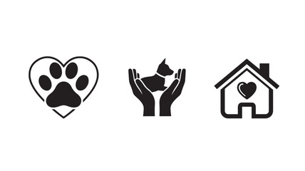 Fototapeta premium Animal Shelter Icons in Minimalist Style with Simple Black Design on White Background for Pet Adoption