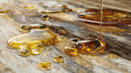 Golden honey dripping onto wooden surface with reflective puddles