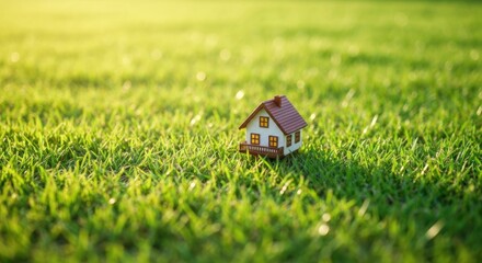 Miniature home rests serenely in a sun-drenched, lush, green field