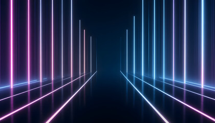 Vibrant neon lights in dark futuristic tunnel with purple and blue glow