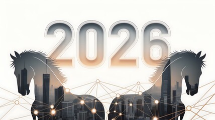 futuristic 2026 cityscape with digital horse silhouettes