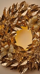 Circular wreath made of golden brown leaves with warm autumn tones and botanical charm.