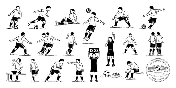 手描き線画で表現したサッカー人物ポーズ集、Hand Drawn Line Art Soccer Player Pose Collection
