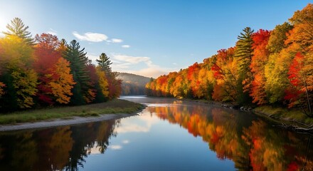 Autumn River Reflection - A Serene Landscape of Colorful Trees.