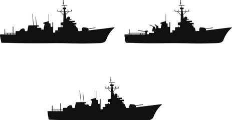 Military warship silhouettes set featuring modern naval destroyer and battleship designs, black sea vessel icons collection for defense, navy, and maritime concepts © Julfikar