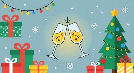 Cheerful holiday celebration scene with clinking champagne glasses, Christmas tree, and colorful presents.