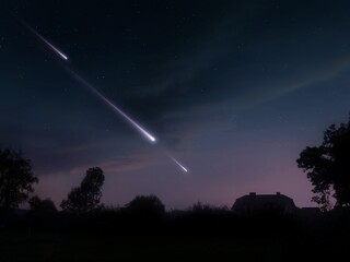 Beautiful view with meteor trails. Landscape with shooting stars. Meteorites light up the night sky.