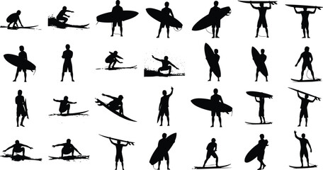 Surfer silhouette collection, surfing poses and maneuvers, wave riding stances, black vector artwork, cad drawing flat vector illustration