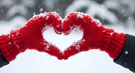 Close-up of hands in bright red knitted mittens forming a heart shape, covered with fresh snow. Cozy winter scene with soft blurred background, shallow depth of field and diffused natural light.