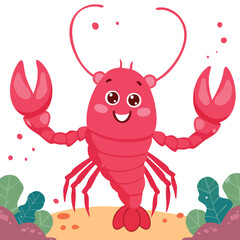 Happy red cartoon crab character with a big smile and large claws, isolated as a vector illustration on a white background, representing a friendly sea crustacean or ocean animal