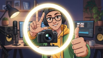 Smiling content creator filming with ring light in home studio