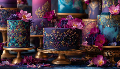 Obraz premium Decadent cakes with intricate purple and gold design work, surrounded by vibrant pink and blue hues, are perfectly captured in this mesmerizing visual spectacle of colorful, golden