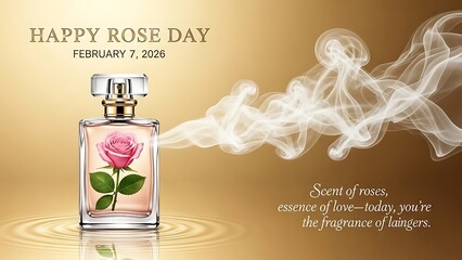 Happy rose day greeting card with perfume bottle and pink flower fragrance on golden background poster