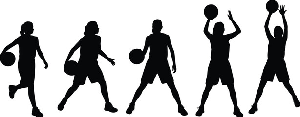 Basketball player action sequence silhouette illustration showing dribbling passing and shooting poses isolated on white background for sports training design © Julfikar