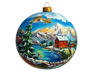 Snowy mountain landscape with cabin, lake, trees, and plane