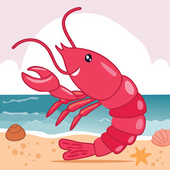 Cute red cartoon illustration of a marine crustacean set featuring a vector lobster, crab, and shrimp as seafood icons for ocean nature design
