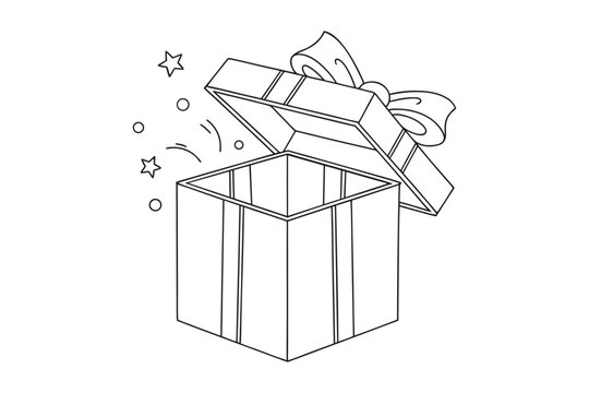 An open gift box with stars and circles erupting from inside Vector