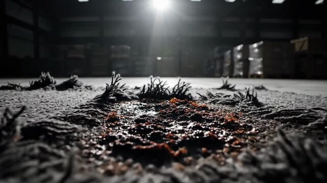 Close-up of a stained and frayed section of industrial carpet in a dimly lit warehouse setting