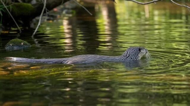 Swimming Nutria in a Calm River Waterscape with Lush Green Vegetation