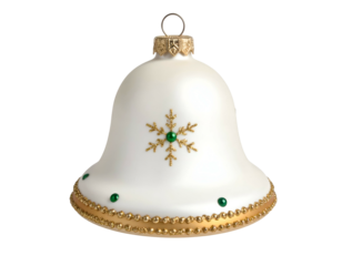 White bell ornament with snowflake and gold trim