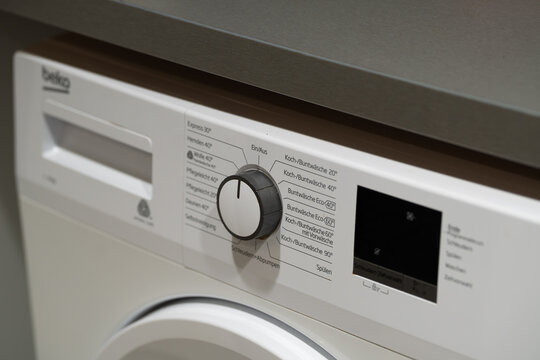 Berlin Germany 1 January 2026. Modern Beko washing machine isolated on a clean background, front-loading design, household appliance concept for laundry and home use