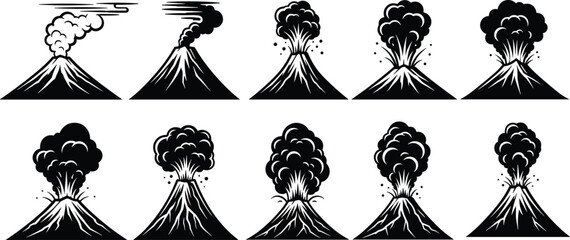 Volcanic eruption sequence illustration, smoke ash plume stages, black vector geology scene, cad drawing flat vector artwork © VectoVerse