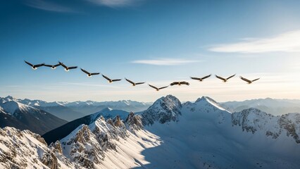 A majestic flock of eagles soaring high above snow-capped mountain peaks.