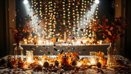 A beautifully decorated table with pumpkins and leaves in a warm and cozy autumnal setting with lights and confetti