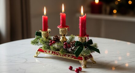 Festive Christmas Candle Centerpiece on White Table with Holly and Berries.