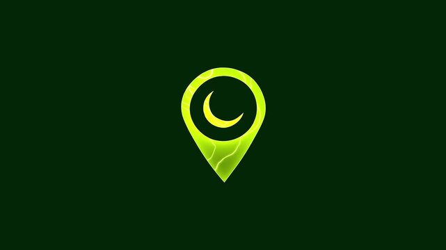 Abstract glowing location pin with a crescent moon inside on a dark green background
