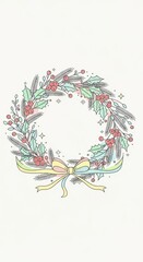 Delicate pastel floral wreath with berries and bow illustration.